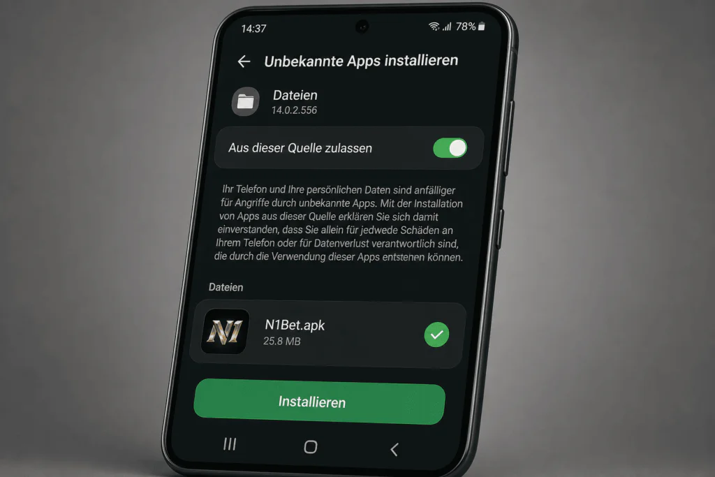 Android-Sicherheitseinstellungen erlauben die Installation der N1Bet APK auf einem Smartphone - n1bet-ch.com