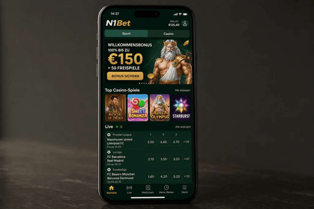 Hauptoberflaeche und Benutzer-Dashboard der mobilen N1Bet App - n1bet-ch.com