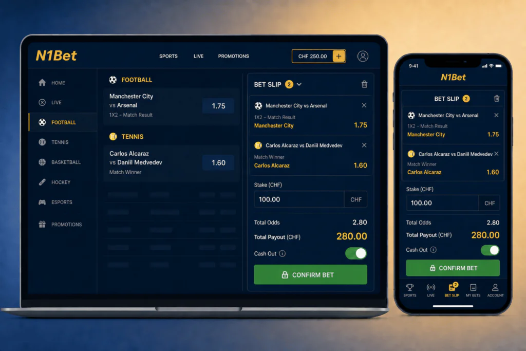 Interaktiver Wettschein (Bet Slip) im N1Bet Sportsbook – n1bet-ch.com